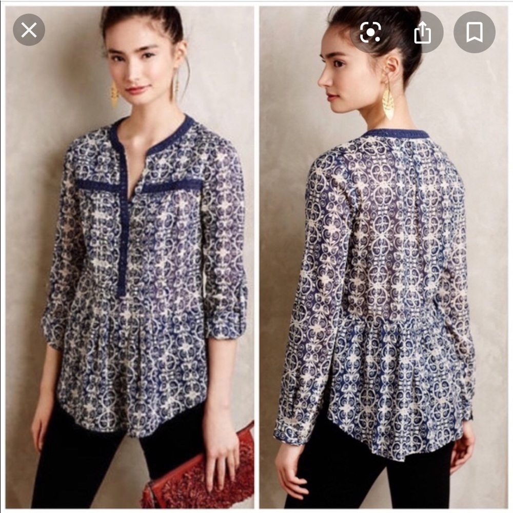 Anthropologie Maeve Abel Pintuck Top Blue Cream